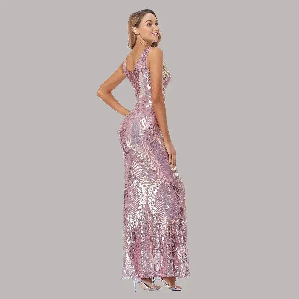 Women's Fashionable Sequin High Waist Sleeveless V-Neck Evening Gown - EX-STOCK Canada