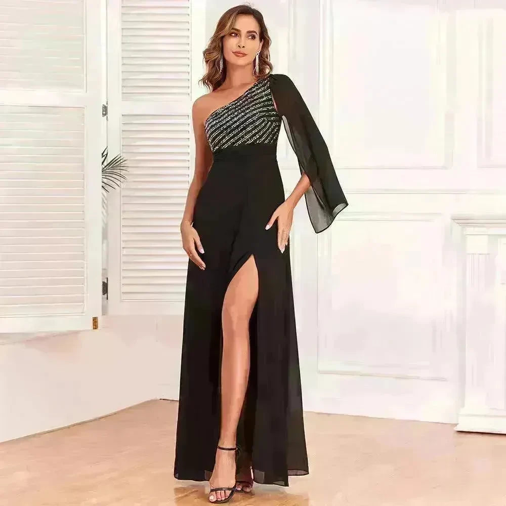 Women's Fashionable Sequin Spliced Long Sleeve Evening Gown - EX-STOCK CANADA