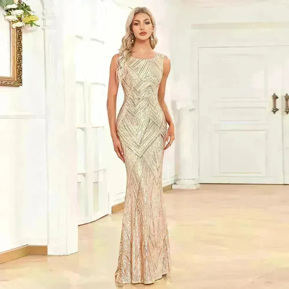 Women's Fashionable Sleeveless Round Neck Sparkling Evening Gown - EX-STOCK CANADA
