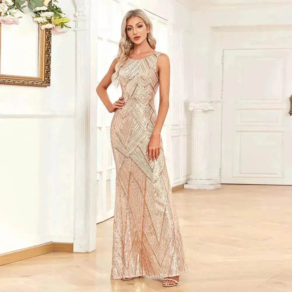 Women's Fashionable Sleeveless Round Neck Sparkling Evening Gown - EX-STOCK Canada