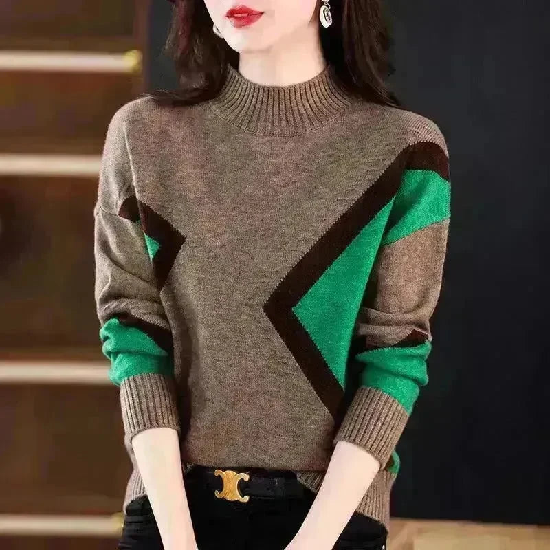 Women's Half Turtleneck Loose-fitting Versatile Sweater Color Matching Knitted Bottoming Shirt - EX-STOCK CANADA