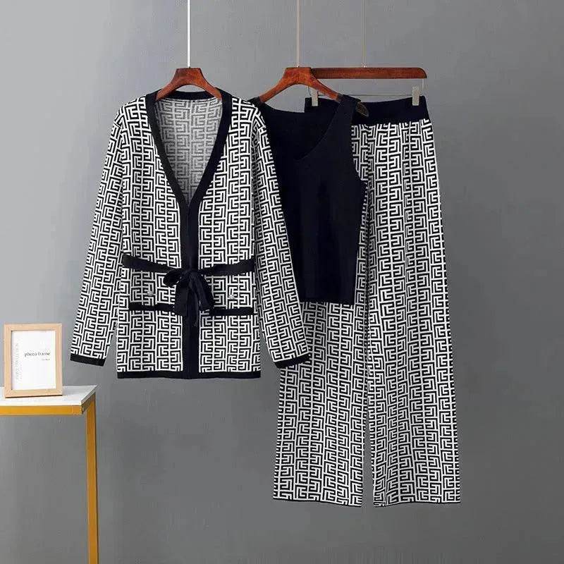 Women's Inverness V-neck Base Knitwear Wide-leg Trousers Three-piece Set - EX-STOCK Canada