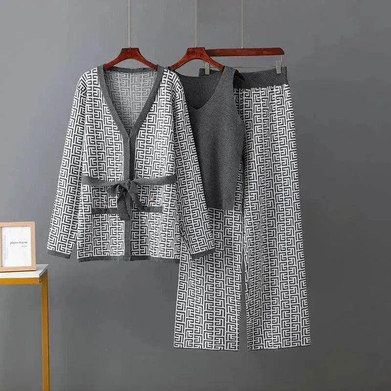 Women's Inverness V-neck Base Knitwear Wide-leg Trousers Three-piece Set - EX-STOCK Canada