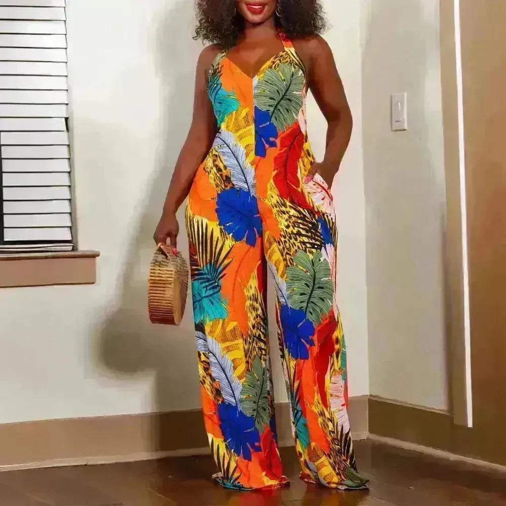 Women's Leaf Printed V-neck Jumpsuit - EX-STOCK CANADA