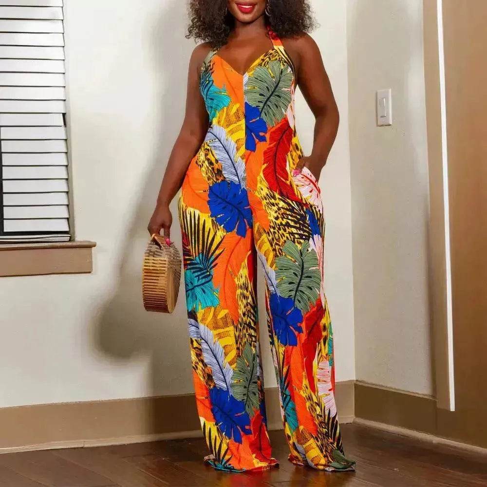 Women's Leaf Printed V-neck Jumpsuit - EX-STOCK Canada