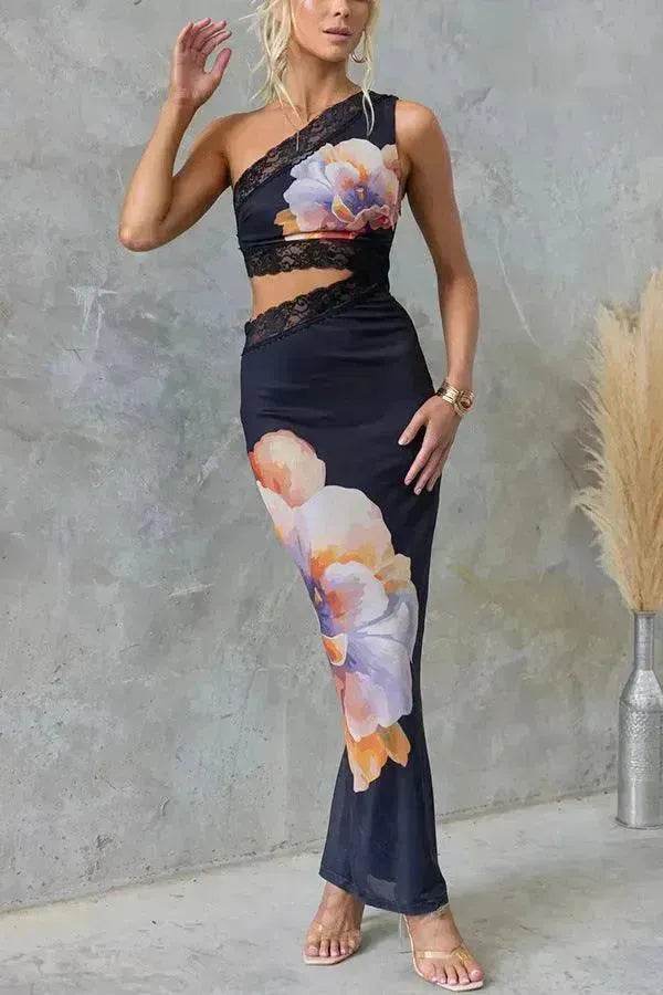 Women's One-shoulder Printed Voile Lace Slim Fit Two piece Dress - EX-STOCK Canada