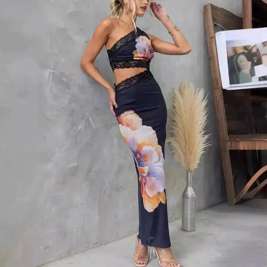 Women's One-shoulder Printed Voile Lace Slim Fit Two piece Dress - EX-STOCK Canada
