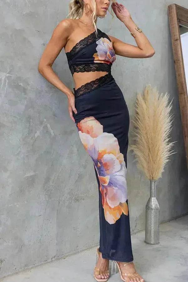 Women's One-shoulder Printed Voile Lace Slim Fit Two piece Dress - EX-STOCK Canada