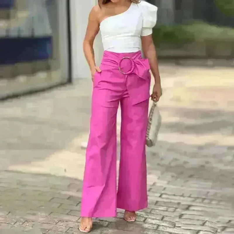 Women's Shoulder Puff Sleeve Top Wide Leg Pants Two-piece Set - EX-STOCK CANADA