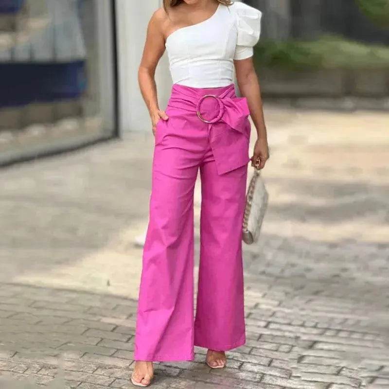 Women's Shoulder Puff Sleeve Top Wide Leg Pants Two-piece Set - EX-STOCK Canada