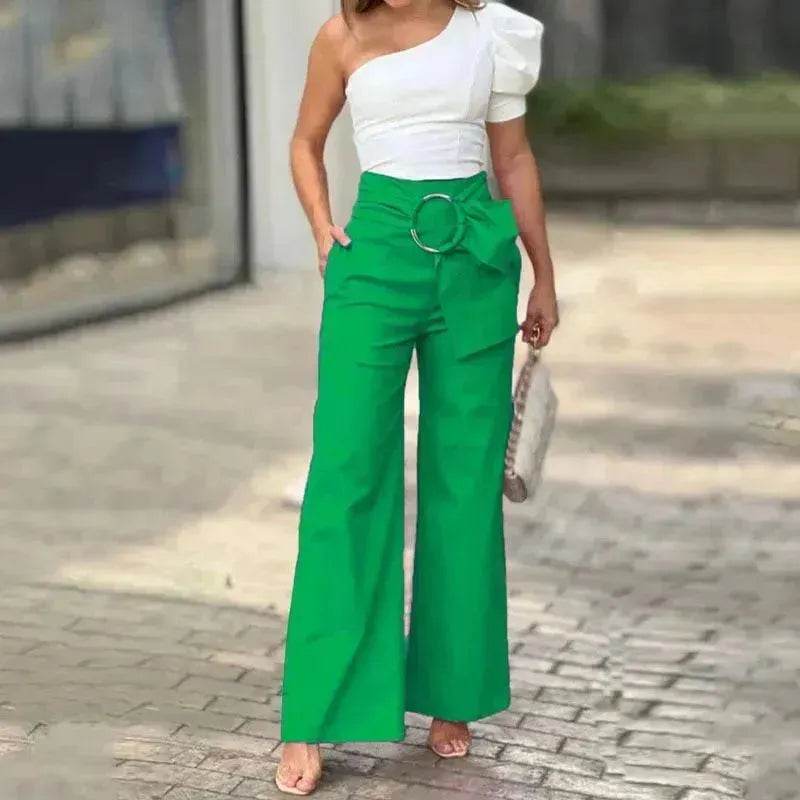 Women's Shoulder Puff Sleeve Top Wide Leg Pants Two-piece Set - EX-STOCK Canada