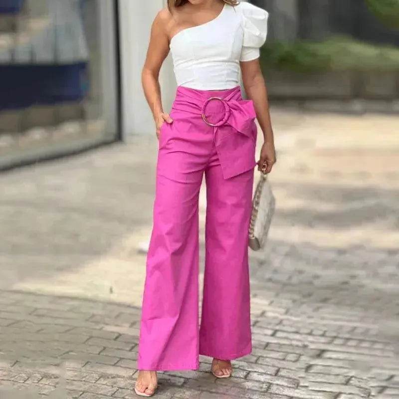 Women's Shoulder Puff Sleeve Top Wide Leg Pants Two-piece Set - EX-STOCK Canada