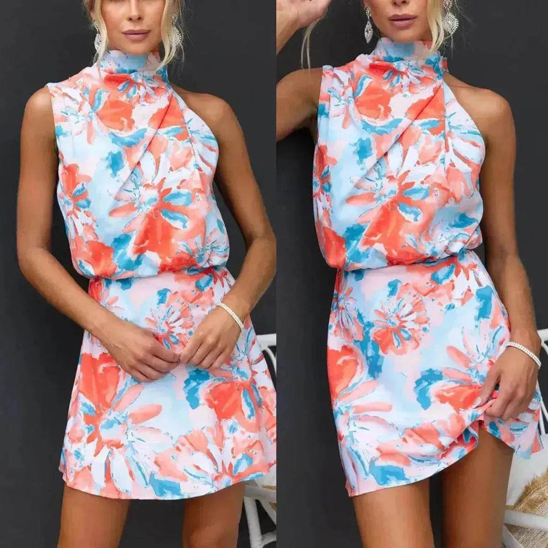 Women's Slant Shoulder Lace-up Printed Casual Loose Summer Vacation Mini Dress - EX-STOCK Canada