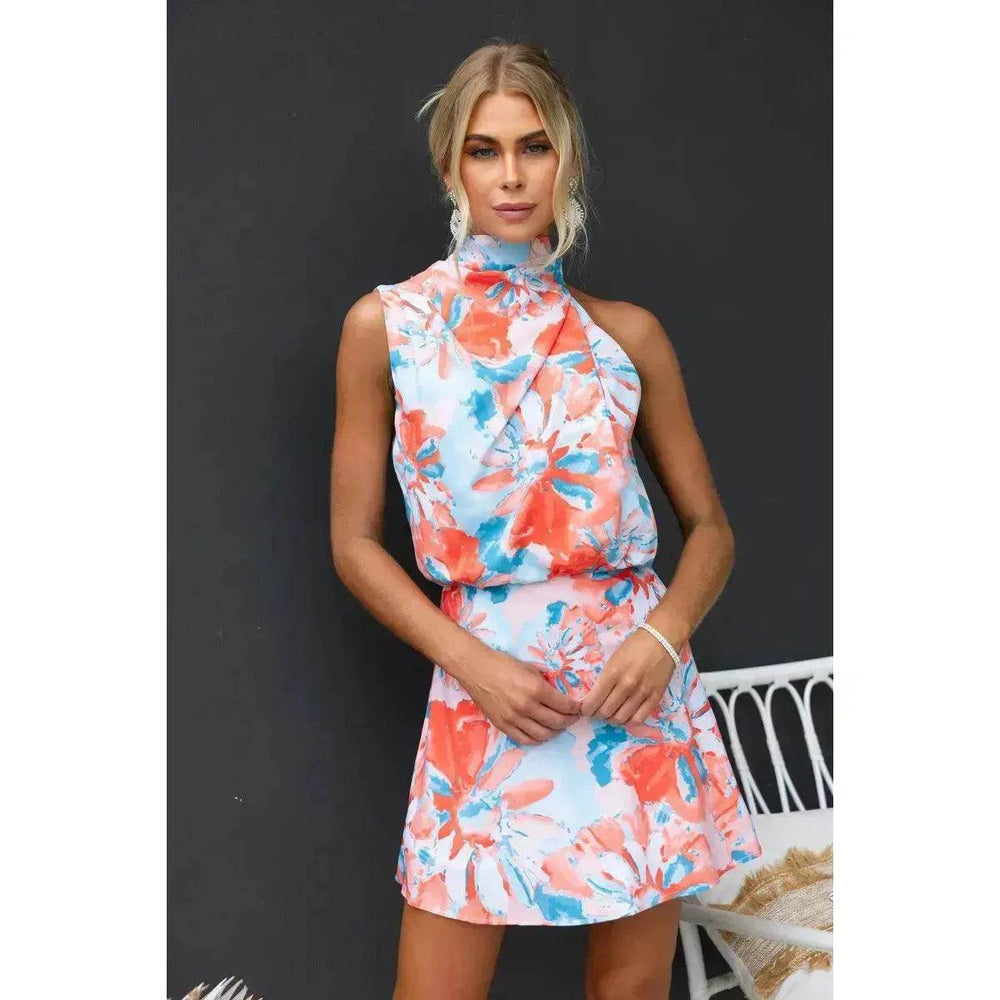 Women's Slant Shoulder Lace-up Printed Casual Loose Summer Vacation Mini Dress - EX-STOCK Canada