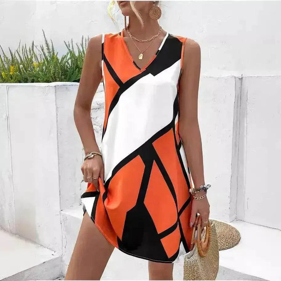 Women's Sleeveless V-neck Printed Loose Mini Dress - EX-STOCK Canada