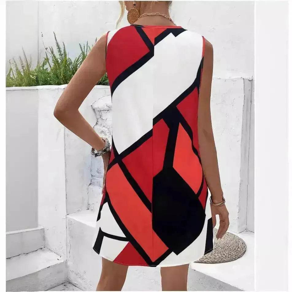 Women's Sleeveless V-neck Printed Loose Mini Dress - EX-STOCK Canada