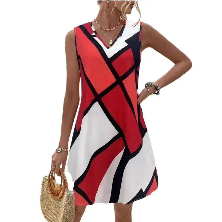 Women's Sleeveless V-neck Printed Loose Mini Dress - EX-STOCK Canada
