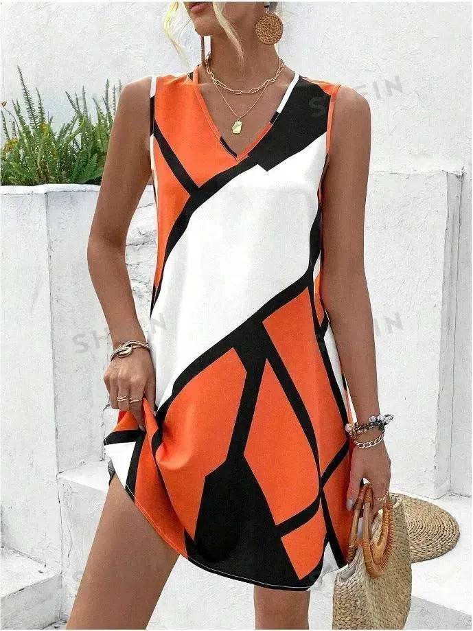 Women's Sleeveless V-neck Printed Loose Mini Dress - EX-STOCK Canada