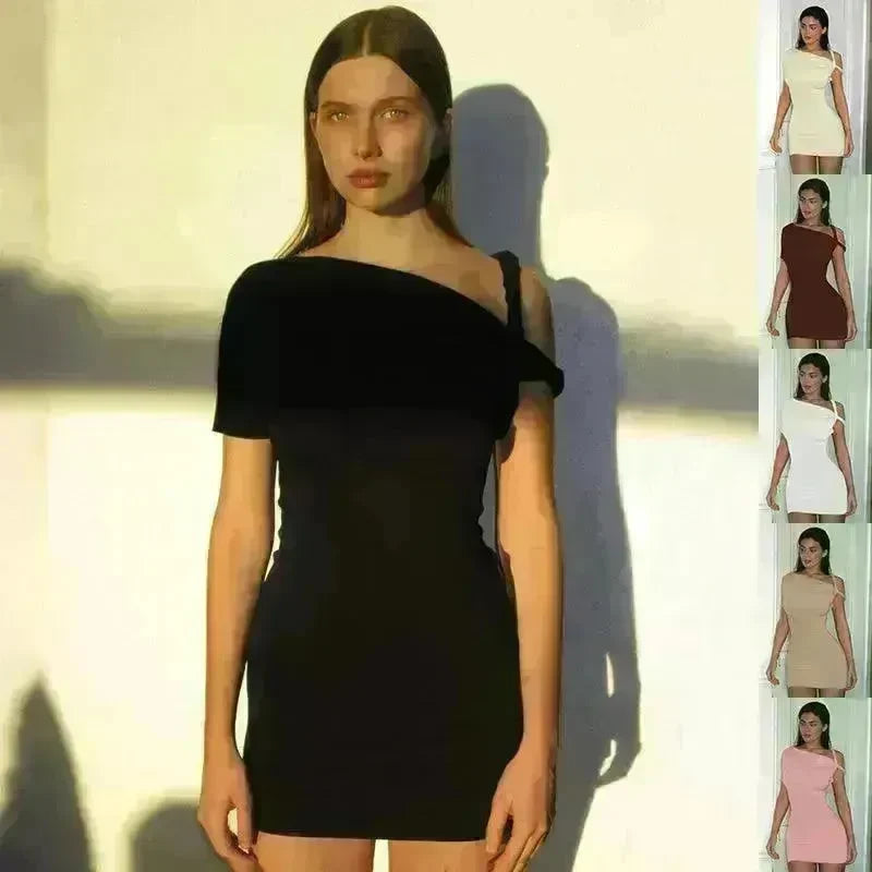Women's Slim Hip Dress Summer Fashion One-shoulder Short Sleeve Solid Color Mini Dress - EX-STOCK CANADA