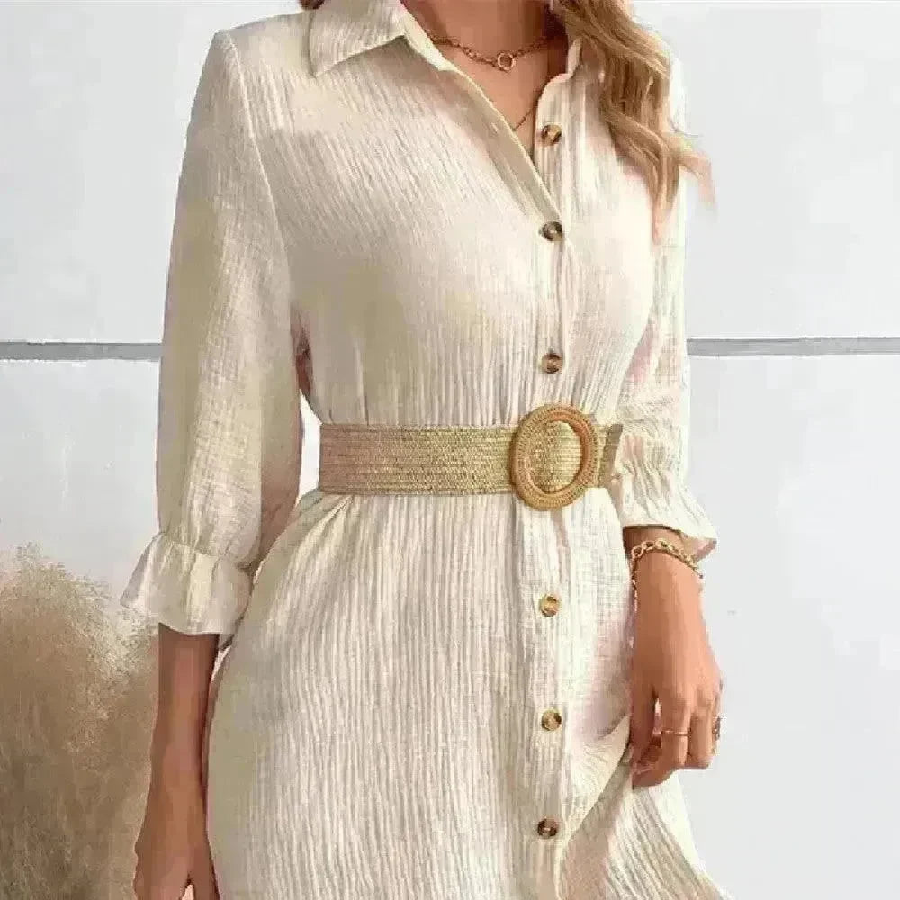 Women's Solid Color Cotton Ruffled Sleeve And Linen Breasted Loose Shirt Dress - EX-STOCK CANADA