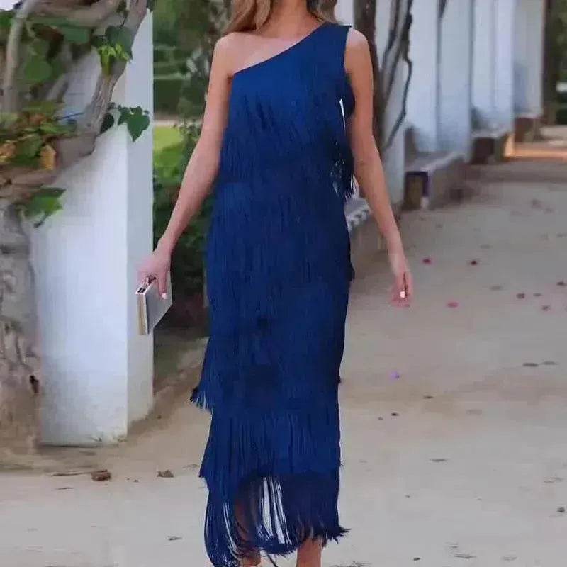 Women's Solid Color Diagonal Collar Multi-layer Tassel Stitching Design Dress - EX-STOCK Canada