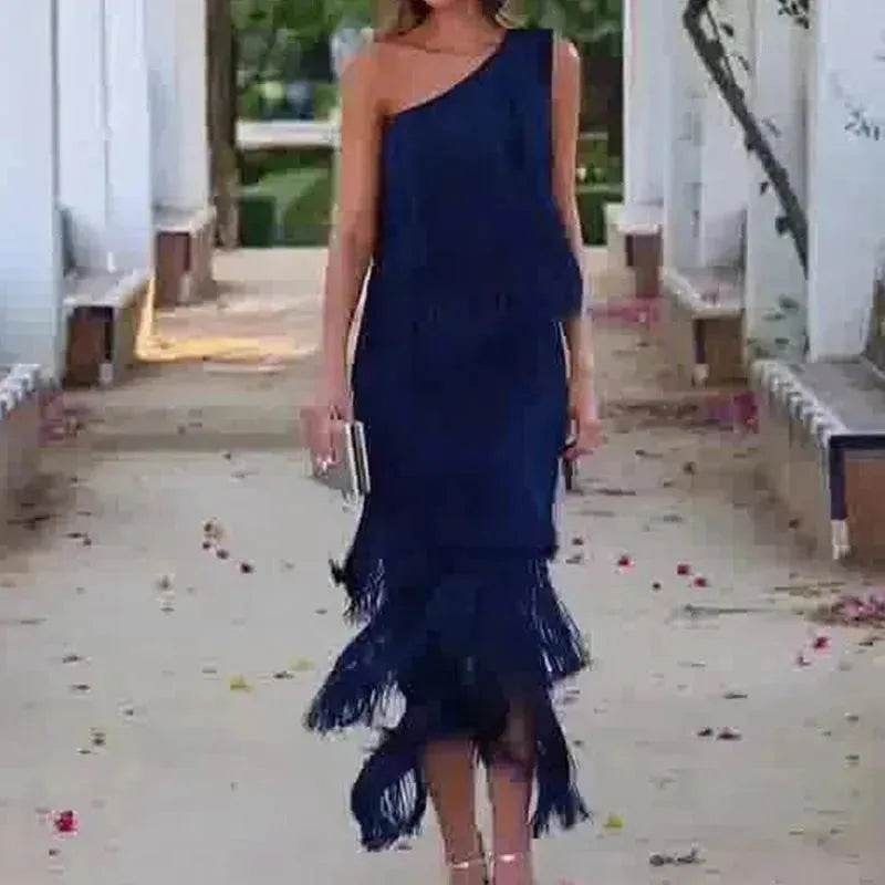 Women's Solid Color Diagonal Collar Multi-layer Tassel Stitching Design Dress - EX-STOCK Canada