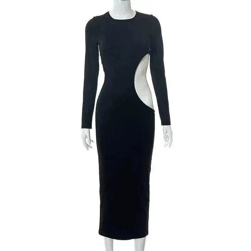 Women's Solid Color Long Sleeve O Neck Hollow Black Dress - EX-STOCK Canada
