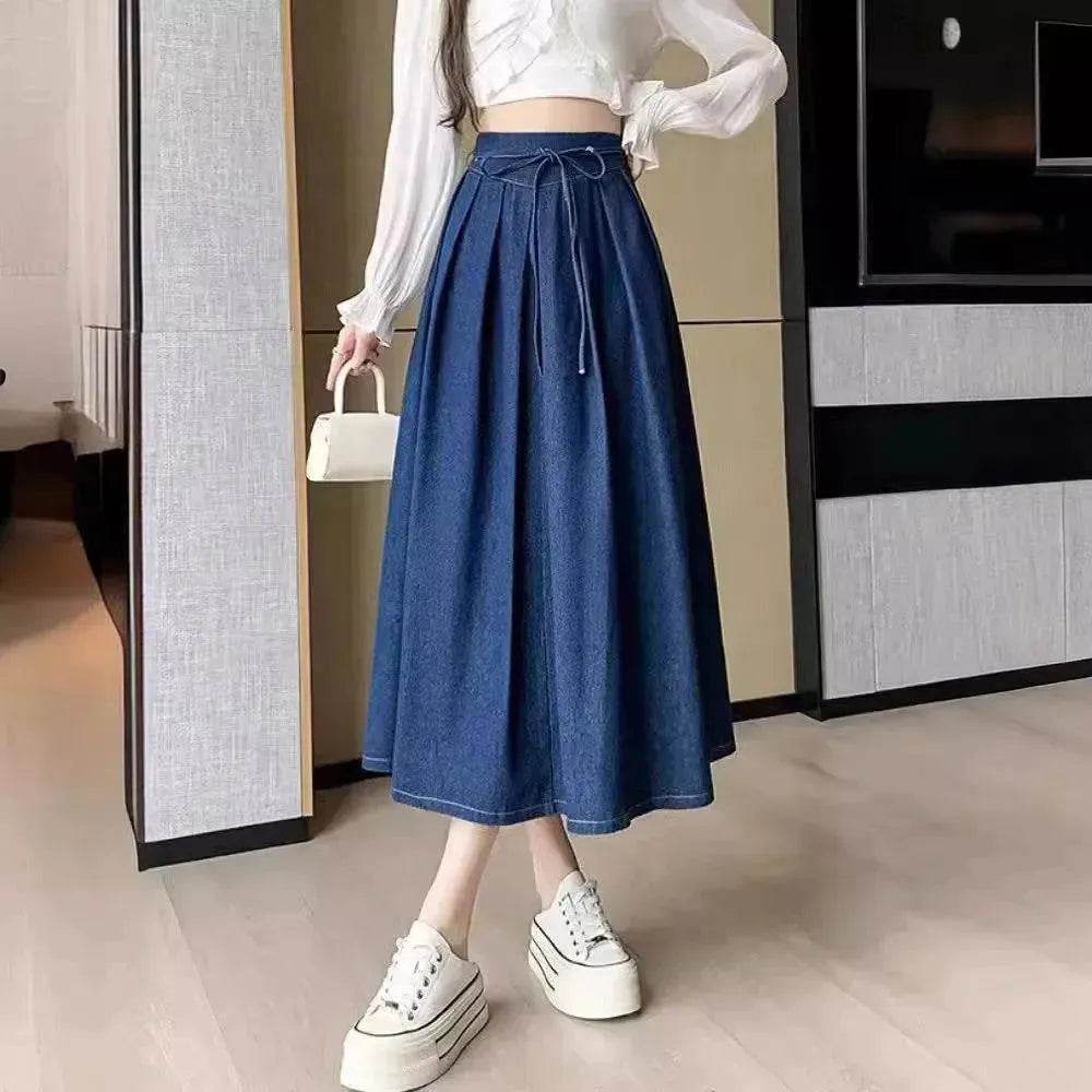Women's Temperament High Waist Denim Pleated Mid-length Skirt - EX-STOCK Canada