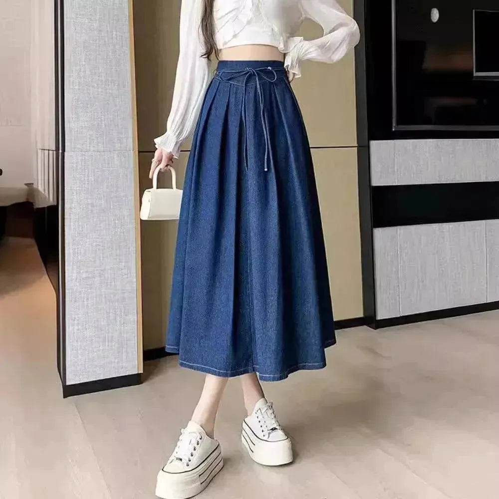 Women's Temperament High Waist Denim Pleated Mid-length Skirt - EX-STOCK Canada