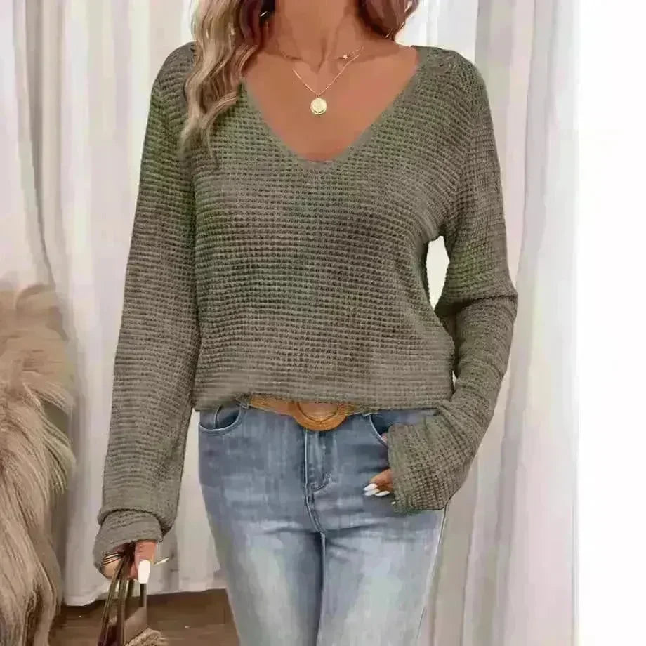 Women's V-neck Solid Color Fashion Knitted Blouse - EX-STOCK CANADA