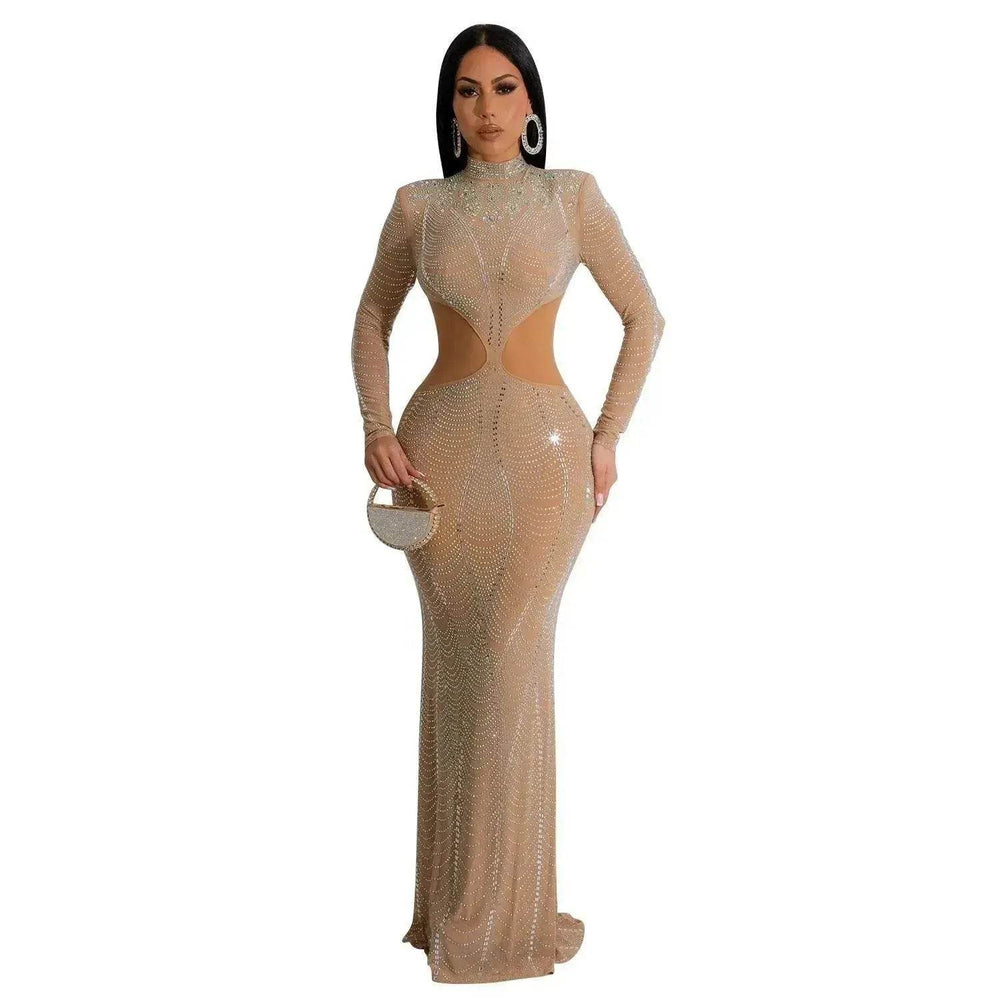 Women's Wear Pure Color Mesh Hot Drilling Dress - EX-STOCK Canada