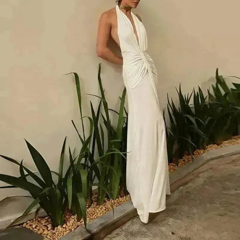 Women Summer Backless Sleeveless Hanging Neck Pleated White Dress - EX-STOCK Canada
