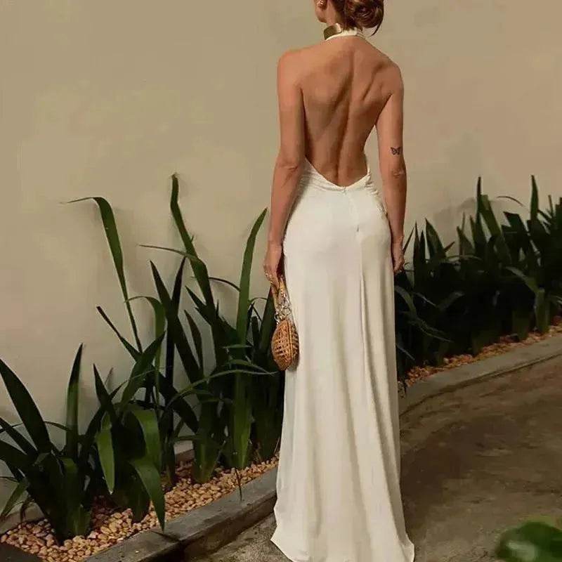 Women Summer Backless Sleeveless Hanging Neck Pleated White Dress - EX-STOCK Canada
