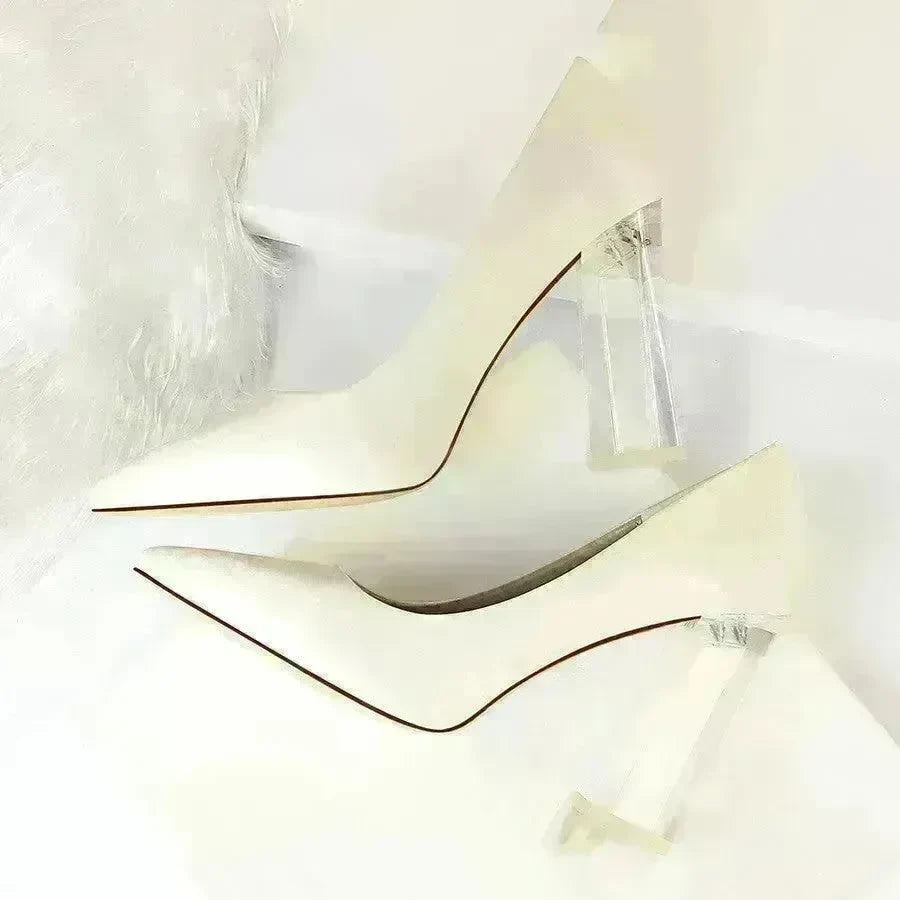 Womens Pumps Shoes Stiletto Satin Transparent Block High Heels - EX-STOCK CANADA