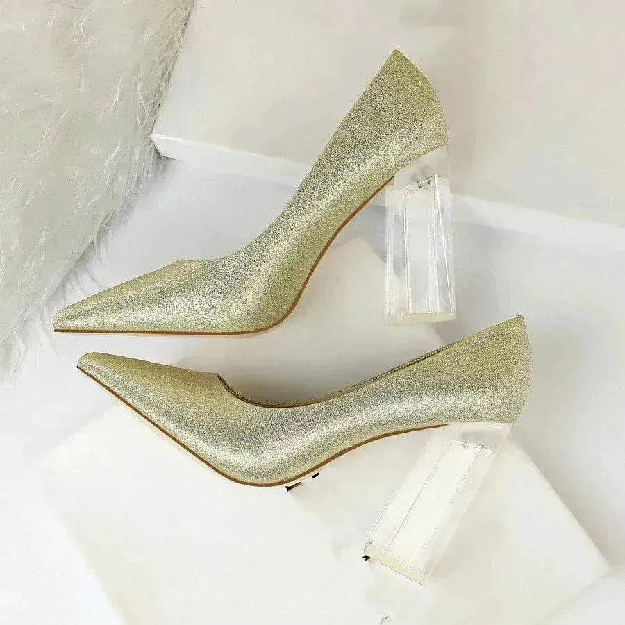 Womens Pumps Shoes Stiletto Satin Transparent Block High Heels - EX-STOCK Canada