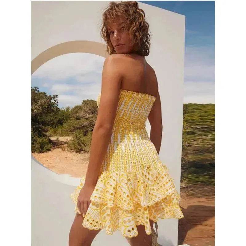 Wrapped Chest Embroidered Cotton Stretch Waist Shaping Ruffled Vacation Jumpsuit Skirt - EX-STOCK Canada