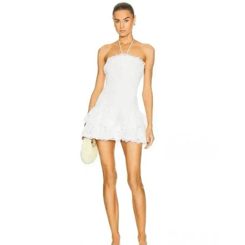 Wrapped Chest Embroidered Cotton Stretch Waist Shaping Ruffled Vacation Jumpsuit Skirt - EX-STOCK Canada