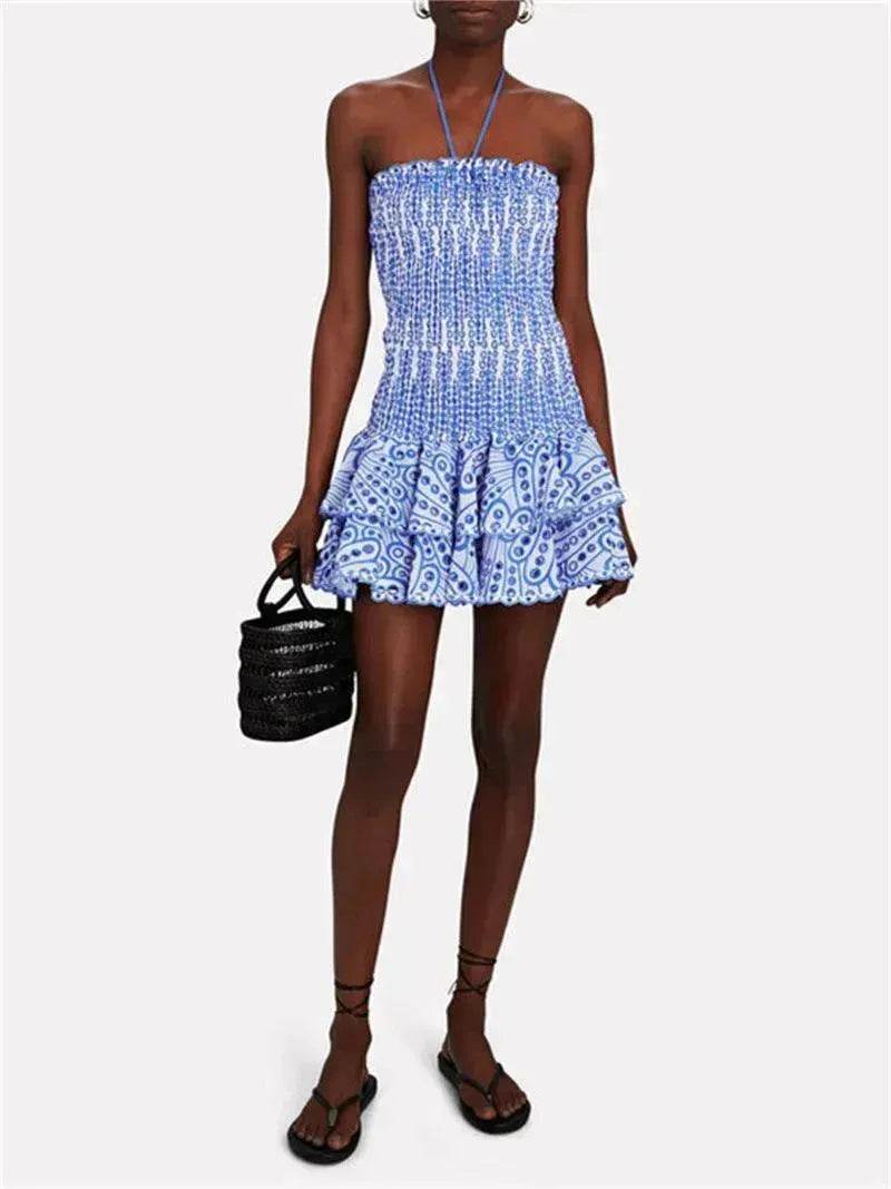 Wrapped Chest Embroidered Cotton Stretch Waist Shaping Ruffled Vacation Jumpsuit Skirt - EX-STOCK Canada