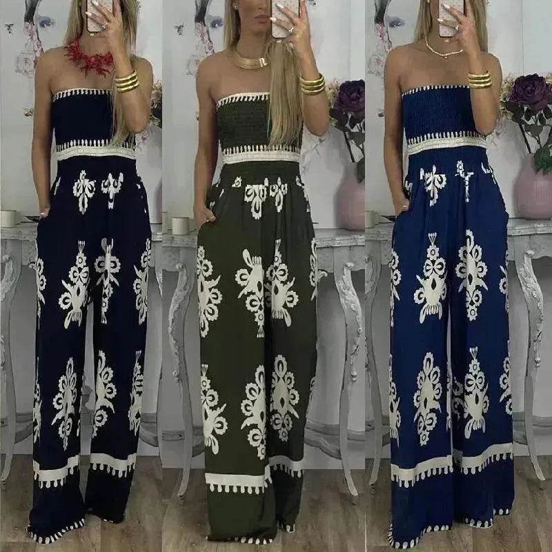 Wrapped Chest Printed Jumpsuit, High Waisted Casual Pants For Women - EX-STOCK Canada