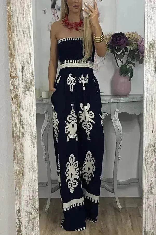 Wrapped Chest Printed Jumpsuit, High Waisted Casual Pants For Women - EX-STOCK Canada