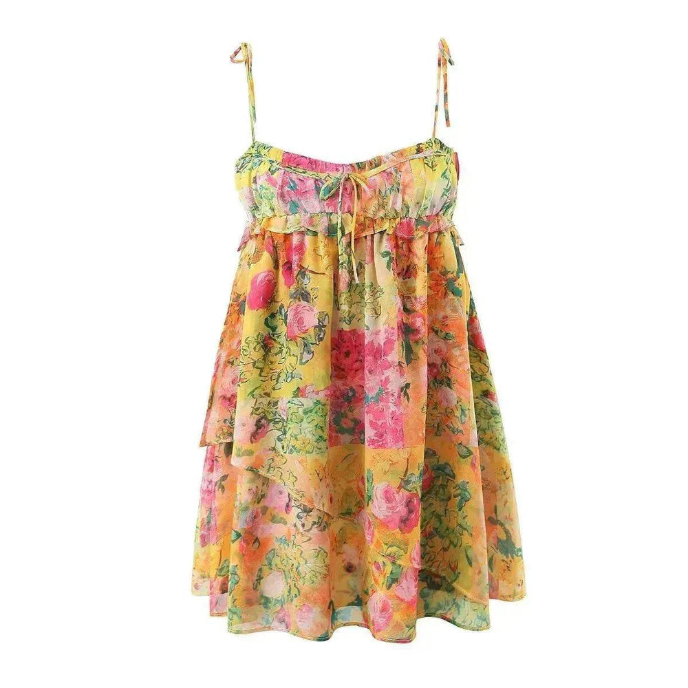 Y2K Flowers Print Suspender Dress Summer Fashion Ruffled Holiday Beach Short Dresses Womens Clothing - EX-STOCK Canada