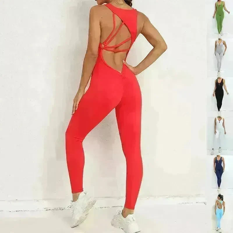 Yoga Jumpsuit V-shaped Back Design Sleeveless Fitness Running Sportswear Stretch Tights Pants For Womens Clothing - EX-STOCK CANADA