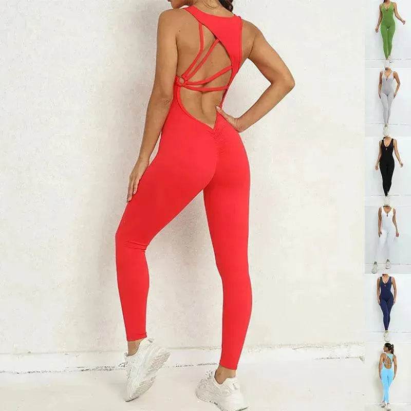 Yoga Jumpsuit V-shaped Back Design Sleeveless Fitness Running Sportswear Stretch Tights Pants For Womens Clothing - EX-STOCK Canada