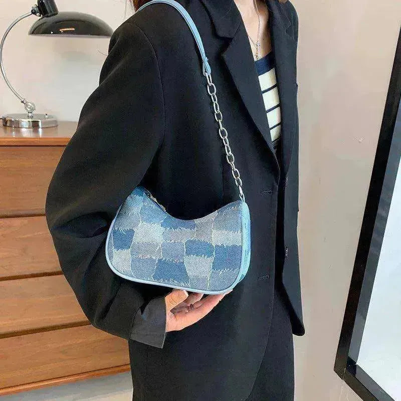 Sac pour femme en jean à épaules avec patchwork à carreaux simple sous le bras - EX-STOCK CANADA