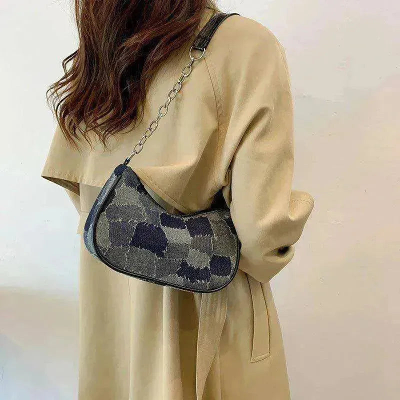 Sac pour femme en jean à épaules avec patchwork à carreaux simple sous le bras - EX-STOCK CANADA