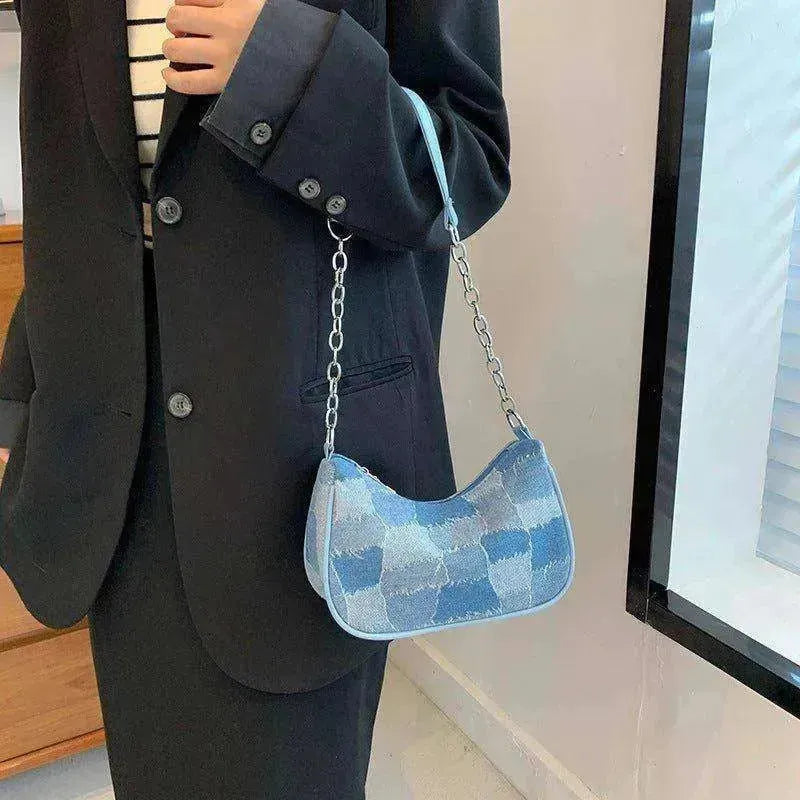Sac pour femme en jean à épaules avec patchwork à carreaux simple sous le bras - EX-STOCK CANADA