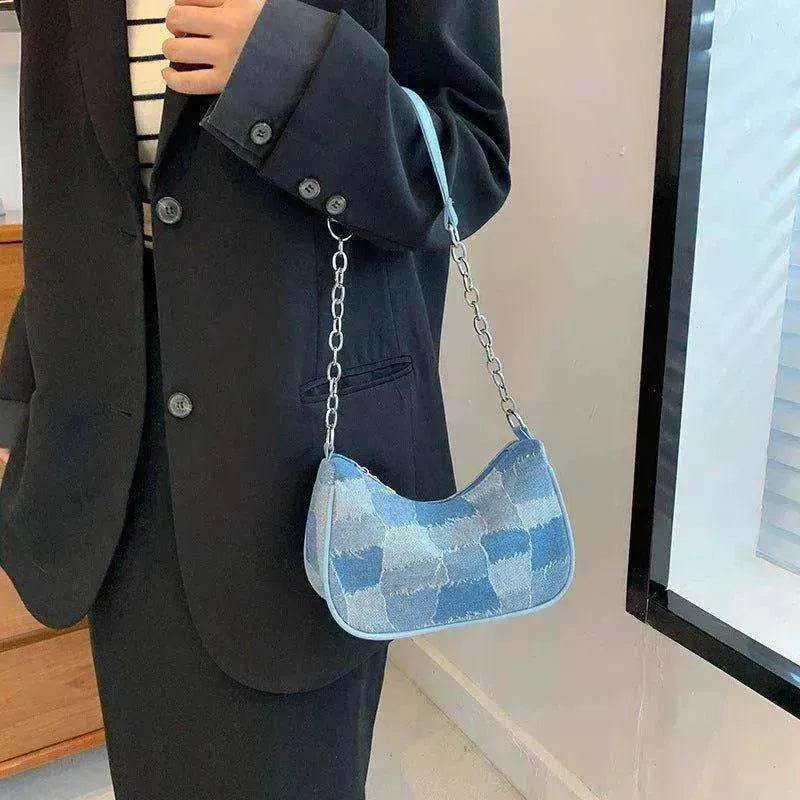 Denim Shoulder Simple Plaid Patchwork Underarm Women Bag - EX-STOCK Canada