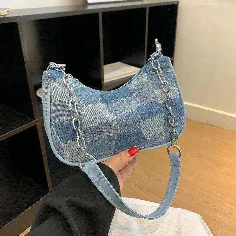 Sac pour femme en jean à épaules avec patchwork à carreaux simple sous le bras - EX-STOCK CANADA