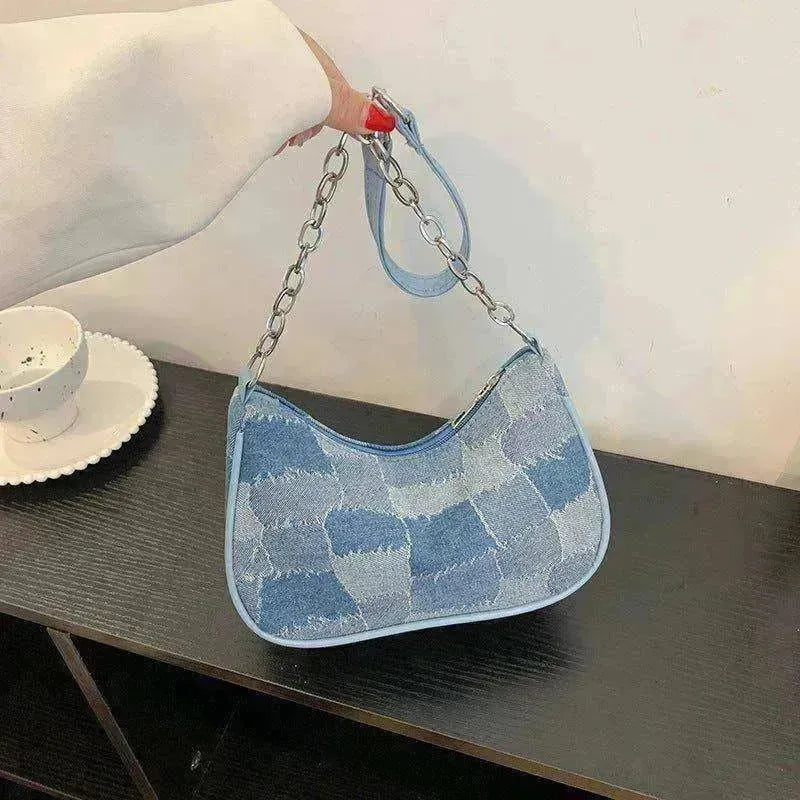 Sac pour femme en jean à épaules avec patchwork à carreaux simple sous le bras - EX-STOCK CANADA