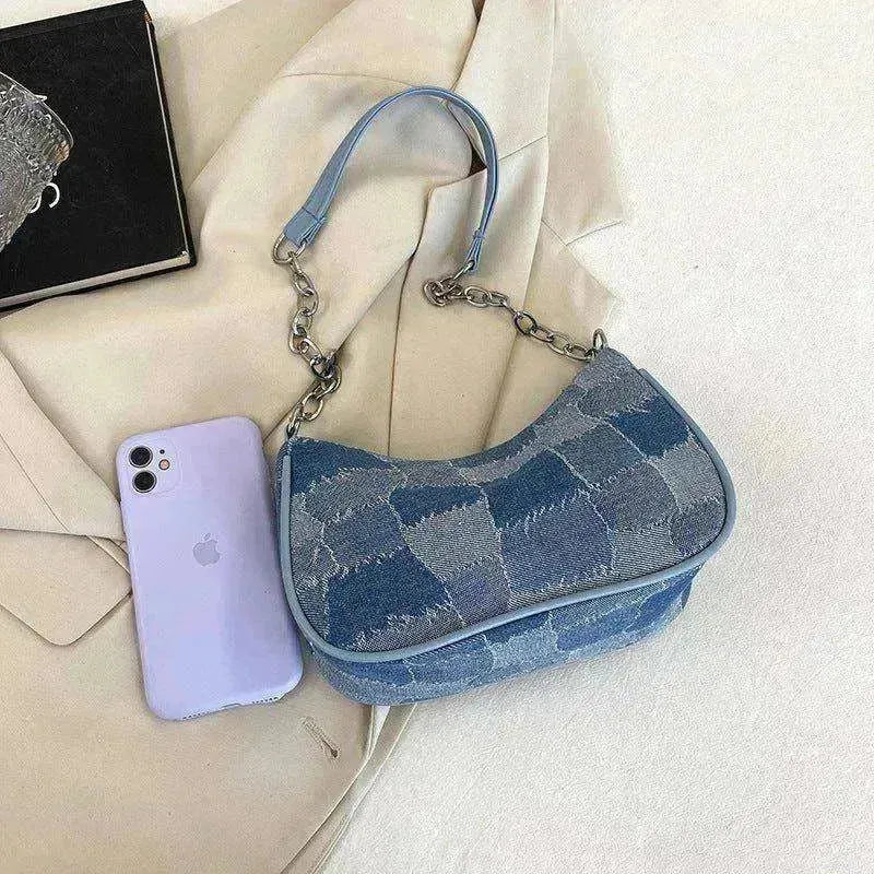 Sac pour femme en jean à épaules avec patchwork à carreaux simple sous le bras - EX-STOCK CANADA